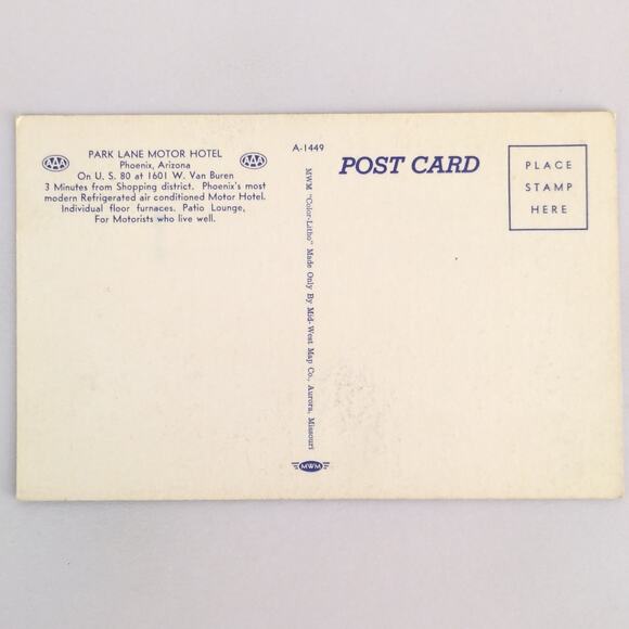 1601 Park Lane Motor Hotel Phoenix Arizona 1930s Linen Postcard US 80 Unposted - Picture 2 of 2
